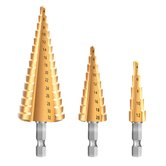 3pcs HSS Step Drill Bit Set (4-12mm, 4-20mm, 4-32mm)